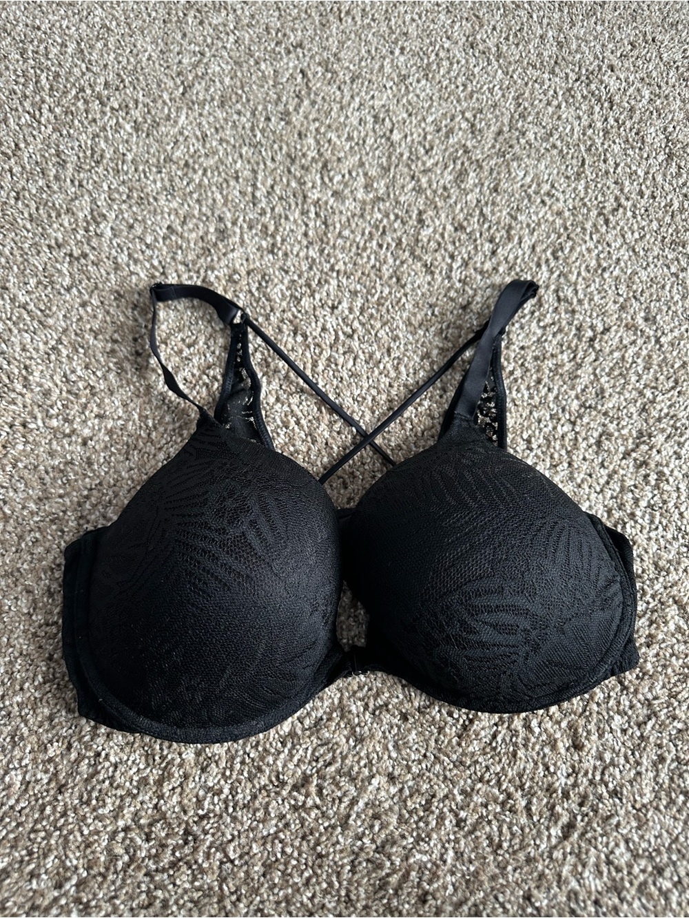 PINK Victoria's Secret Black Lace Push-Up Crossback Bra